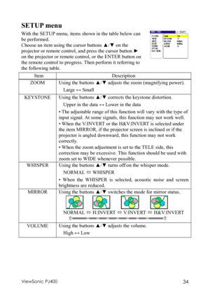 Page 38ViewSonic PJ400 34 
SETUP menu 
With the SETUP menu, items shown in the table below can 
be performed. 
Choose an item using the cursor buttons ▲/▼ on the 
projector or remote control, and press the cursor button ► 
on the projector or remote control, or the ENTER button on 
the remote control to progress. Then perform it referring to 
the following table. 
 
 Item  Description 
ZOOM Using the buttons ▲/▼ adjusts the zoom (magnifying power). 
Large ↔ Small 
KEYSTONE Using the buttons ▲/▼ corrects the...