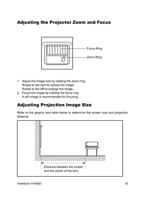 Page 19
18
ViewSonic PJ458D

Adjusting the Projector Zoom and Focus 
1.  Adjust the image size by rotating the zoom ring.
  Rotate to the right to reduce the image.
  Rotate to the left to enlarge the image.
2.  Focus the image by rotating the focus ring.
  A still image is recommended for focusing.
Adjusting Projection Image Size
Refer  to  the  graphic  and  table  below  to  determine  the  screen  size  and  projection 
distance.
Zoom Ring
Focus Ring
Distance between the screen 
and the center of the lens 