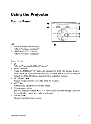 Page 21
20
ViewSonic PJ458D

Using the Projector
Control Panel
LED
1.   POWER (Power LED indicator)
  Refer to “Indicator Messages”.
2.   LAMP (Lamp LED indicator)
  Refer to “Indicator Messages”.
Button Function
1.   
  Refer to “Powering On/Off the Projector”.
2.   MENU \ ENTER 
  Press  the  MENU\ENTER  button  to  activate  the  OSD  (On-Screen  Display) 
menu.  Use  the  directional  buttons  and  MENU\ENTER  button  to  navigate 
through the OSD (On-Screen Display) menu and select choices.
3.   KEYSTONE...