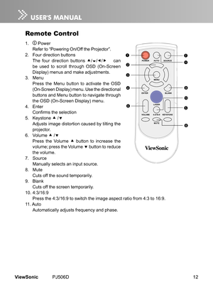 Page 17
12ViewSonic	 PJ506D

Remote Control
1.	 		Power 	
	 Refer 	 to 	 “Power  ng 	 On/Off 	 the 	 Projector”.
2.	 	 Four 	 d  rect  on 	 buttons
	 The	 four 	 d  rect  on 	 buttons 	/// can	
be	 used 	 to 	 scroll 	 through 	 OSD 	 (On-Screen 	
D splay) 	 menus 	 and 	 make 	 adjustments.
3.	 	 Menu 	
	 Press 	 the 	 Menu 	 button 	 to 	 act  vate 	 the 	 OSD 	
(On-Screen	 D  splay) 	 menu. 	 Use 	 the 	 d  rect  onal 	
buttons	 and 	 Menu 	 button 	 to...