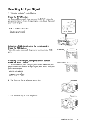 Page 17ViewSonic  PJ51014
Selecting An Input Signal
1Using the projector’s control button
Press the INPUT button.
As illustrated below, each time you press the INPUT button, the 
projector switches between its input signal ports. Select the signal 
you wish to project.
Selecting a RGB signal, using the remote control
Press the RGB button.
When this button is pressed, the projector switches to the RGB 
port.
Selecting a video signal, using the remote control
Press the VIDEO button.
As illustrated below, each...
