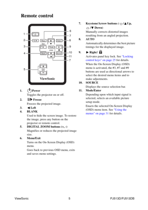 Page 11ViewSonic                                                5                                                PJ513D/PJ513DB 
Remote control
1. Power
Toggles the projector on or off.
2. Freeze
Freezes the projected image.
3. Left
4. BLANK
Used to hide the screen image. To restore 
the image, press any button on the 
projector or remote control.
5. DIGITAL ZOOM buttons (+, -)
Magnifies or reduces the projected image 
size.
6. Menu/Exit
Turns on the On-Screen Display (OSD) 
menu.
Goes back to previous OSD...