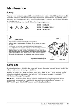 Page 21ViewSonic  PJ500/PJ550/PJ501/PJ55118
Maintenance
Lamp 
To order a new lamp unit see page 26 for contact information and see Table 15 for part numbers. The 
estimated lamp life is 2000 hours. Before replacing the lamp, turn the Power Switch OFF, remove 
the power cord from the power outlet, and wait approximately 45 minutes until the lamp has cooled. 
CAUTION: The lamp may explode if handled at high temperatures.
   
Lamp Life
Projector lamps have a finite life. The image will become darker and hues will...