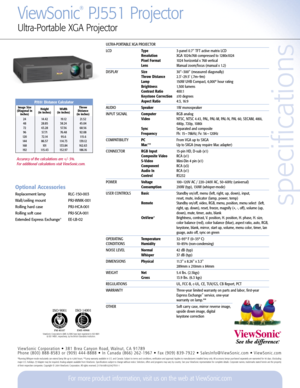 Page 2specifications
ViewSonic
®
PJ551 Projector
Ultra-Portable XGA Projector
For more product information, visit us on the web at ViewSonic.com
*Running Whisper-mode exclusively can extend lamp life up to 4,000 hours. **Lamp warranty available in U.S. and Canada. Subject to terms and conditions, verification and approval. Applies to manufacturers installed lamp only. All accessory lamps purchased separately are warranted for 90 days. †Excluding
major U.S. holidays. †† Adapter may be required. Analog adapter...
