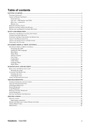 Page 6ViewSonic Cine1000  
v
Table of contents 
GETTING STARTED .......................................................................................................................................................... 1 
PACKING CHECKLIST........................................................................................................................................................... 1 
VIE WS OF PROJECTOR...