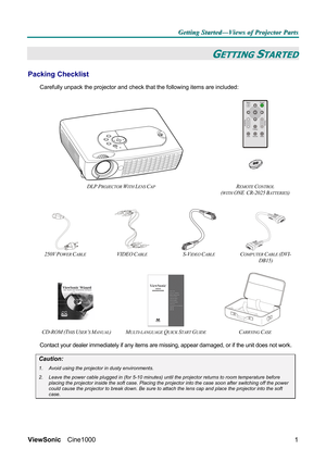 Page 7G G
G
e e
e
t t
t
t t
t
i i
i
n n
n
g g
g
   
 
S S
S
t t
t
a a
a
r r
r
t t
t
e e
e
d d
d
— —
—
V V
V
i i
i
e e
e
w w
w
s s
s
   
 
o o
o
f f
f
   
 
P P
P
r r
r
o o
o
j j
j
e e
e
c c
c
t t
t
o o
o
r r
r
   
 
P P
P
a a
a
r r
r
t t
t
s s
s
   
 
ViewSonic Cine1000  
1
GETTING STARTED 
Packing Checklist 
Carefully unpack the projector and check that the following items are included: 
 
 
 
 
 
DLP
 PROJECTOR WITH LENS CAP REMOTE CONTROL  
(
WITH ONE  CR-2025 BATTERIES) 
 
    
250V POWER CABLE VIDEO CABLE...