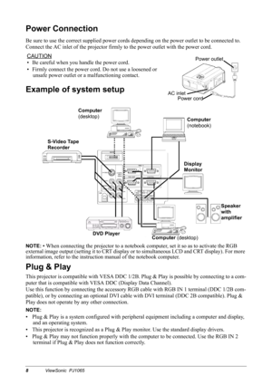 Page 108ViewSonic  PJ1065
Power Connection
Be sure to use the correct supplied power cords depending on the power outlet to be connected to. 
Connect the AC inlet of the projector firmly to the power outlet with the power cord.
CAUTION
• Be careful when you handle the power cord.
• Firmly connect the power cord. Do not use a loosened or 
unsafe power outlet or a malfunctioning contact.
Example of system setup
NOTE: • When connecting the projector to a notebook computer, set it so as to activate the RGB...