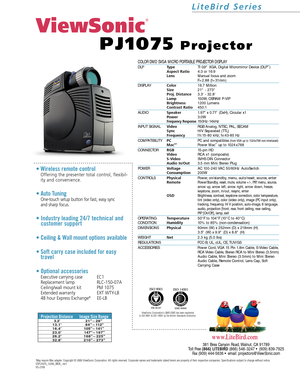 Page 2COLOR DMD SVGA MICRO PORTABLE PROJECTOR DISPLAY 
DLPTypeTI 0.9 XGA, Digital Micromirror Device (DLP™)   Aspect Ratio4:3 or 16:9LensManual focus and zoomF=2.88 (f=31mm)
DISPLAY
Color16.7 MillionSize21 - 273Proj. Distance3.3 - 32.8Lamp150W, OSRAM P-VIPBrightness1200 LumensContrast Ratio450:1
AUD IO
Speaker1.97 x 0.71 (DxH), Circular x1Power3.0WFrequency Response150Hz -14kHz
INPUT SIGNAL
VideoRGB Analog, NTSC, PAL, SECAMSyncH/V Separated (TTL)Frequencyf h:15-80 kHz; fv:43-85 Hz
COMPATIBILITY
PCPC and...