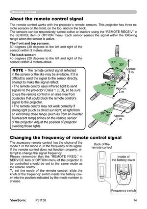 Page 19
Changing the frequency of  remote control signal
The	accessory	 remote	control	has	the	choce	 of	the	
mode	 1	or	 the	 mode	 2,	n	 the	 frequency	 of	ts	 sgnal.	
If	 the	 remote	 control	does	not	functon	 properly,	 at
-
tempt	to	change	the	sgnal	frequency.
Please 	remember 	that 	the 	“REMOTE 	FREQ.” 	 n	
SERVICE	tem	 of	OPTION	 menu	of	the	 projector	 to	
be 	controlled 	should 	be 	set 	to 	the 	same 	mode 	as	
the	remote	control.
To 	set 	the 	mode 	of 	the...