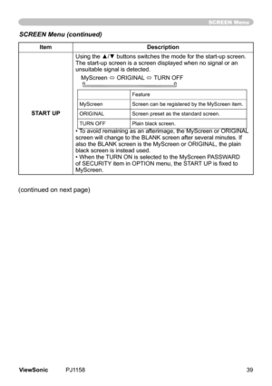 Page 44
SCREEN Menu
ItemDescription
START UP
Using the ▲/▼ buttons switches the mode for the start-up screen.The start-up screen is a screen displayed when no signal or an 
unsutable	sgnal	s	detected.MyScreen	
ó 	ORIGINAL
	ó	
TURN	OFF				
Feature
MyScreen Screen	can	be	regstered	by	the	MyScreen	tem.
ORIGINALScreen	preset	as	the	standard	screen.
TURN	OFF Plan	black	screen.
•	To	avod	remanng	as	an	aftermage,	the	MyScreen	or	ORIGINAL 	
screen	wll	change	to	the...