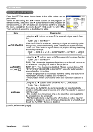 Page 47
OPTION Menu
OPTION	Menu
ItemDescription
AUTO SEARCH
Using the ▲/▼ buttons turns on/off the automatic signal search func-
ton.
TURN	ON	ó 	
TURN	OFF
When	the	 TURN	ON	s	selected,	detectng	no	sgnal	automatcally	cycles 	
through	nput	ports	n	the	followng	order.	 The	search	s	started	from	the	
current	port.	 Then	when	an	nput	s	found,	the	projector	wll	stop	search ng	
and	dsplay	the	mage.	
RGB	1	ð 	RGB	2	ð M1-D ð	COMPONENT
	ð S-VIDEO...