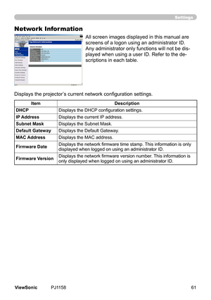 Page 66
Settings
Network Information
All	screen	mages	dsplayed	n	ths	manual	are	
screens	of	a	logon	usng	an	admnstrator	ID.
Any	admnstrator	only	functons	wll	not	be	ds
-
played	when	usng	a	user	ID.	Refer	to	the	de
-
scrptons	n	each	table.
Displays the projector’s current network configuration settings.
ItemDescription
DHCPDisplays the DHCP configuration settings.
IP Address Dsplays	the	current	IP 	address.
Subnet...