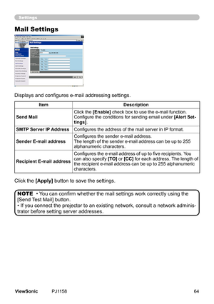 Page 69
Settings
Mail Settings
Displays and configures e-mail addressing settings.
Clck	the	
[Apply]	button	to	save	the	settngs.
• You can confirm whether the mail settings work correctly using the 
[Send Test Mail] button.
•	If	you	connect	the	projector	to	an	exstng	network,	consult	a	network	admns
-
trator	before	settng	server	addresses.
NOTE
ItemDescription
Send Mail Clck	the	[Enable] check box to use the e-mail function. Configure the conditions for sending email...