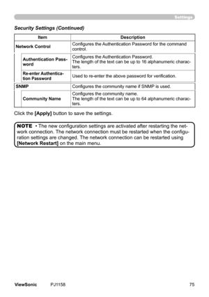 Page 80
Clck	the	[Apply]	button	to	save	the	settngs.
Authentication Pass-word
Configures the Authentication Password.
The	length	of	the	text	can	be	up	to	16	alphanumerc	charac-ters.
Re-enter Authentica-tion PasswordUsed to re-enter the above password for verification.
SNMPConfigures the community name if SNMP is used.
Community NameConfigures the community name.
The	length	of	the	text	can	be	up	to	64	alphanumerc	charac-ters.
• The new configuration settings are activated after restarting the...