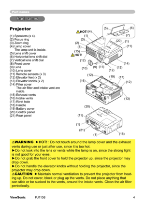 Page 9
Part names
Part	names
Projector
(1)	Speakers	(x	4).
(2)	Focus	rng
(3)	Zoom	rng
(4)		Lamp	cover
	
The	lamp	unt	s	nsde.
(5)	Lens	shft	cover
(6)	Horzontal	lens	shft	dal
(7)	Vertcal	lens	shft	dal
(8)	Front	cover
(9)	Lens
(10)	Lens	cover
(11)	Remote	sensors	(x	3)
(12)	Elevator	feet	(x	2)
(13)	Elevator	knobs	(x	2)
(14)		 Flter	cover
	The air filter and intake vent are 
nsde.
(15)	Exhaust	vents
(16)	Intake	vents
(17)	Rvet...