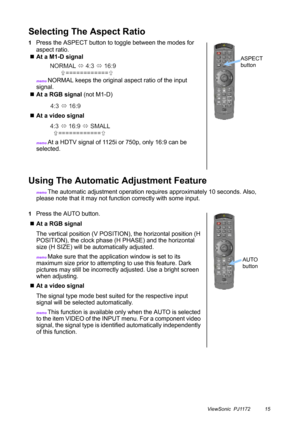 Page 20ViewSonic  PJ1172 15
Selecting The Aspect Ratio
1Press the ASPECT button to toggle between the modes for 
aspect ratio.
