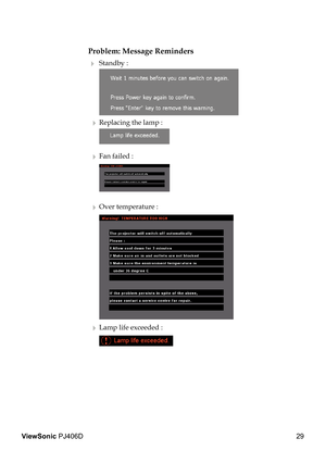 Page 33
29
ViewSonic PJ406D

Problem: Message Reminders
 Standby : 
  Replacing the lamp : 
 
  
  Fan failed : 
 
  Over temperature : 
 
  Lamp life exceeded : 
      