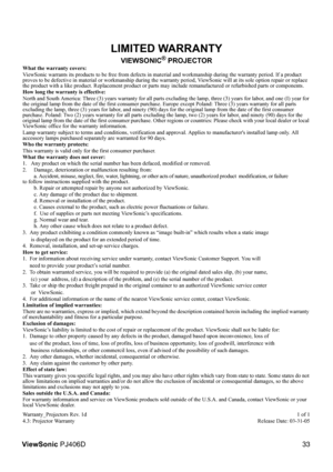 Page 37LIMITED WARRANTY
VIEWSONIC® PROJECTORWhat the warranty covers:
ViewSonic warrants its products to be free from defects in material and workmanship during the warranty period. If a product 
proves to be defective in material or workmanship during the warr anty period, ViewSonic will at its sole option repair or replace 
the product with a like product. Replacement product or parts ma y include remanufactured or refurbished parts or components.
How long the warranty is effective:
North and South America:...