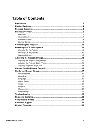 Page 5
1
ViewSonic PJ406D
Table of Contents
Precautions .........................................................................................................2
Product Features ................................................................................................4
Package Overview  ..............................................................................................5
Product Overview ...............................................................................................6
Main Unit...