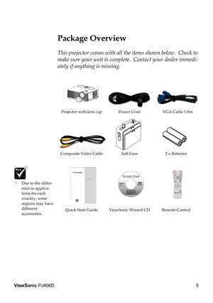 Page 9
5
ViewSonic PJ406D

Power CordVGA Cable 1.8m
Remote Control
2 x BatteriesComposite Video Cable 
Projector with lens cap
 Package Overview
This projector comes with all the items shown below.  Check to 
make sure your unit is complete.  Contact your dealer immedi-
ately if anything is missing.
Soft Case
 Due to the differ- 
  ence in applica-   
  tions for each    
  country, some    
  regions may have  
  different    
  accessories.
ViewSonic Wizard CDQuick Start Guide       