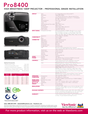 Page 2
Optional Accessories
> Replacement Lamp RLC- 059
> Universal Ceiling Mount Kit  WMK- 0 05
> Wireless G Presentation Gateway  WPG-360
> USB Wireless Adapter (802.11 b/g/n)  WPD-10 0
> Extended Express Exchange® PRJ-EE- 08- 03
Sales: (888) 881-8781 . SalesInfo@ViewSonic.com . ViewSonic.com
*Running  eco-mode  exclusively  can  extend  lamp  life.  See  ViewSonic.com  for  full  Express  Exchange  details.  Specifications  and  availability  subject  to  change without  notice.  Selection,  offers  and...