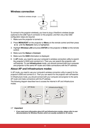 Page 41 34
Wireless connection
To connect to the projector wirelessly, you have to plug a ViewSonic wireless dongle 
(optional) to the USB Type A connector on the projector, and then only a few OSD 
configuration steps are required.
1. Make sure the projector is turned on.
2. Press MENU/EXIT on the projector or Menu on the remote control and then press 
/  until the Network menu is highlighted.
3. Highlight Wireless LAN and press ENTER on the projector or Enter on the remote 
control.
4. Make sure the Status is...