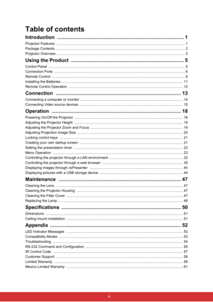 Page 7Table of contents
 vi
Introduction ........................................................................................... 1
Projector Features  ............................................................................................................ ..................... 1
Package Contents .............................................................................................................. .................... 2
Projector Overview...