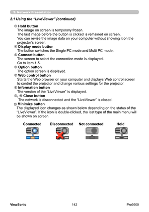 Page 147
142
ViewSonic
  Pro9500
2. Network Presentation
2.1 Using the “LiveViewer” (continued)
   Hold button
The image on screen is temporally frozen.  
The last image before the button is clicked is remained on screen.  
You can revise the image data on your computer without showing it on the 
projector’s screen.
 
 Display mode button
The button switches the Single PC mode and Multi PC mode.
 
 Connect button
The screen to select the connection mode is displayed.  
Go to item 1.5.
 
 Option button
The...