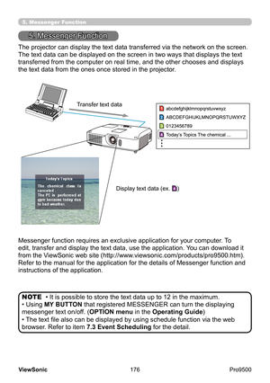 Page 181
176
ViewSonic
  Pro9500
1
4
3
2
5. Messenger Function
The projector can display the text data transferred via the network on the screen. 
The text data can be displayed on the screen in two ways that displays the text 
transferred from the computer on real time, and the other chooses and displays 
the text data from the ones once stored in the projector.
• It is possible to store the text data up to 12 in the maximum.
• Using MY BUTTON that registered MESSENGER can turn the displaying 
messenger text...