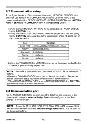 Page 184
179
ViewSonic
  Pro9500
6. Network Bridge Function
6.2 Communication setup
6.3 Communication port
1)  Using the COMMUNICATION TYPE menu, select the NETWORK BRIDGE 
for the CONTROL port. 
2) 
 Using the SERIAL SETTINGS menu, select the proper baud rate and parity 
for the CONTROL port, according to the specification of the RS-232C port of 
the connected device. 
For the NETWORK BRIDGE function, send the data from the computer to the 
projector with using the  Network Bridge Port that is configured in the...