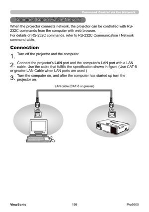 Page 204
199
ViewSonic
  Pro9500
Command Control via the Network
When the projector connects network, the projector can be controlled with RS-
232C commands from the computer with web browser. 
For details of RS-232C commands, refer to RS-232C Communication / Network 
command table
.
Connection
1. Turn off the projector and the computer.
2. Connect the projector's LAN port and the computer's LAN port with a LAN 
cable. Use the cable that fulfills the specification shown in figure (Use CA T-5 
or greater...