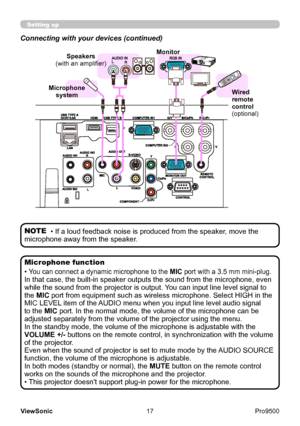 Page 22
17
ViewSonic
  Pro9500
Setting up
Speakers
(with an amplifier)
Wired 
remote 
control
(optional)
Monitor
Microphone  system
Connecting with your devices (continued)
• If a loud feedback noise is produced from the speaker, move the 
microphone away from the speaker.  NOTE
• You can connect a dynamic microphone to the  MIC port with a 3.5 mm mini-plug.
In that case, the built-in speaker outputs the sound from the microphone, even 
while the sound from the projector is output. You can input line level...