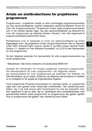 Page 268
263
ViewSonic
  Pro9500
License 
Agreement
End User License Agreement for the Projector Software
ENGLISH
FRAN ÇAIS
DEU 
TSCH
ESPA  
ÑOL
ITALI  ANO
NOR  SK
NEDER  LANDS
POR 
TUGUÊS
中文
한국어
SVEN  SKA
РУСС  КИЙ
SUO  MI
POL  
SKI
License 
Agreement
Accordo di licenza dell'utente finale per il 
software del proiettore
Il  software  del  proiettore  è  costituito  da  diversi  moduli  software  indipendenti, 
su  ognuno  dei  quali  sussiste  il  nostro  copyright  e/o  i  copyright  di  terzi.  Inoltre,...