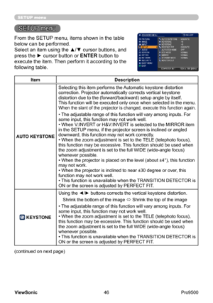 Page 51
46
ViewSonic
  Pro9500
SETUP menu
SETUP menu
From the SETUP menu, items shown in the table 
below can be performed.
Select an item using the ▲/▼ cursor buttons, and 
press the ► cursor button or ENTER button to 
execute the item. Then perform it according to the 
following table.
Item Description
AUTO KEYSTONE Selecting this item performs the Automatic keystone distortion 
correction. Projector automatically corrects vertical keystone 
distortion due to the (forward/backward) setup angle by itself.
This...