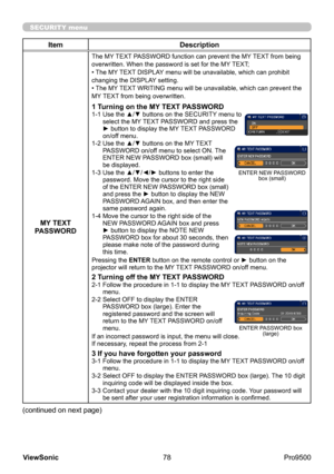 Page 83
78
ViewSonic
  Pro9500
SECURITY menu
Item Description
MY TEXT 
PASSWORD
The MY TEXT PASSWORD function can prevent the MY TEXT from being 
overwritten. When the password is set for the MY TEXT;
• The MY TEXT DISPLAY menu will be unavailable, which can prohibit 
changing the DISPLAY setting.
• The MY TEXT WRITING menu will be unavailable, which can prevent the 
MY TEXT from being overwritten.
1 Turning on the MY TEXT PASSWORD1-1   Use the ▲/▼ buttons on the SECURITY menu to 
select the MY TEXT PASSWORD...