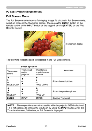 Page 90
85
ViewSonic
  Pro9500
Presentation tools
PC-LESS Presentation (continued)
The Full Screen mode shows a full display image. To display in Full Screen mode, 
select an image in the Thumbnail screen. Then press the ENTER button on the 
remote control or the INPUT button on the keypad, or click [ENTER] on the Web 
Remote Control.
Full Screen Mode
Button operation
Functions
The remote 
control The keypad 
on the 
projectorWeb Remote 
in web browser 
software.
▼  
► 
or
PAGE DOWN ▼ 
or  
► ▼  
► 
or
PAGE...