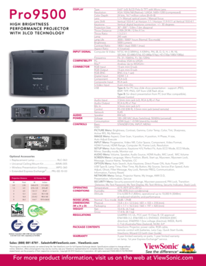 Page 2Sales: (888) 881-8781 . SalesInfo@ViewSonic.com . ViewSonic.com
*Running eco-mode exclusively can extend lamp life. See ViewSonic.com for full Express Exchange details. Specifications subject to change without 
notice. Selection, offers and programs may vary by country; see your ViewSonic representative for complete details. Corporate names, trademarks 
stated herein are the property of their respective companies. Copyright © 2010 ViewSonic Corporation. All rights reserved [15424-00B-01/10] PRO9500...