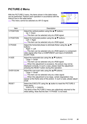 Page 27ViewSonic  PJ116526
PICTURE-2 Menu
With the PICTURE-2 menu, the items shown in the table below 
can be performed. Perform each operation in accordance with the 
instruct ions in the table below.
memo This menu cannot be selected at a M1-D signal.
Item Description
V POSITION Adjust the vertical position using the S/T buttons.: 
    Up 