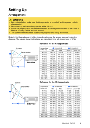 Page 7ViewSonic  PJ11656
Setting Up
Arrangement
Refer to the illustrations and tables below to determine the screen size and projection 
distance. The values shown in the table are calculated for a full size screen. (±10%)
Reference for the 4:3 aspect ratio
Reference for the 16:9 aspect ratio
 WA R N I N G
• Before installation, make sure that the projector is turned off and the power code is 
disconnected.
• Do not set up and move the projector, while it is hot.
• Install the projector in a suitable...