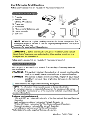 Page 67KDQN\RXIRUSXUFKDVLQJWKLVSURMHFWRU
WARNING  .%HIRUHoperating the unitpleaseUHDGWKH8VHU
V0DQXDO
Safety Guide to HQVXUHyour understanding$IWHUUHDGLQJstore them in a 
VDIHSODFHIRUIXWXUHUHIHUHQFH
$ERXWWKLVPDQXDO
9DULRXVV\PEROVDUHXVHGLQWKLVPDQXDO7KHPHDQLQJVRIWKHVHV\PEROVDUH
GHVFULEHGEHORZ
WARNING7KLV V\PERO LQGLFDWHV LQIRUPDWLRQ WKDW  LI LJQRUHG FRXOG SRVVLEO\
QJ
CAUTION7KLV V\PERO LQGLFDWHV LQIRUPDWLRQ WKDW  LI LJQRUHG FRXOG UHVXOW...