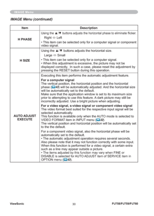 Page 35ViewSonic
30PJ758/PJ759/PJ760
IMAGE Menu
Item Description
H PHASE
Using the ▲/▼ buttons adjusts the horizontal phase to eliminate ﬂ icker.
Right 
Ù Left
• This item can be selected only for a computer signal or component 
video signal.
H SIZEUsing the ▲/▼ buttons adjusts the horizontal size.
Large 
Ù Small
• This item can be selected only for a computer signal.
• When this adjustment is excessive, the picture may not be 
displayed correctly.  In such a case, please reset the adjustment by 
pressing the...