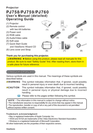 Page 6ViewSonic
1PJ758/PJ759/PJ760
Projector
PJ758/PJ759/PJ760
Users Manual (detailed) 
Operating Guide
(1) Projector
(2) Remote control
      with two AA batteries
(3) Power cord
(4) RGB cable
(5) Audio/Video  cable
(6) Soft case
(7) Quick Start Guide
      and ViewSonic Wizard CD
(8) Lens cover and Strap
Thank you for purchasing this projector.
WARNING  ►Before using this product, please read all manuals for this 
product. Be sure to read “Safety Guide” ﬁ rst. After reading them, store them in 
a safe place...