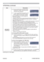 Page 53ViewSonic
48PJ758/PJ759/PJ760
Item Description
SECURITY
(continued)
3.1-2  Use the ▲/▼ buttons on the PIN LOCK 
on/off menu to select TURN ON and the 
PIN BOX will be displayed. 
3.1-3    Input a 4 part PIN Code using the ▲, ▼, 
◄, ►, COMPUTER and INPUT buttons.
A PIN Code again box will appear. Reenter 
the same PIN Code. This will complete the 
PIN Code registration.
• If there is no key input for about 55 seconds while the PIN BOX or the 
PIN Code again box are displayed the menu will close. If...