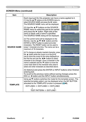 Page 42
ViewSonic37PJ359W

SCREEN Menu
ItemDescription
SOURCE NAME
Each input port for this projector can have a name applied to it.(1) Use the ▲/▼ buttons on the SCREEN menu to select SOURCE NAME and press the ► button. The SOURCE NAME menu will be displayed.
(2) Use the ▲/▼ buttons on the SOURCE NAME menu to select the port to be named and press the ► button. Right side of the menu is blank until a name is specified.The SOURCE NAME dialog will be displayed.
(3) The current name will be displayed on the first...