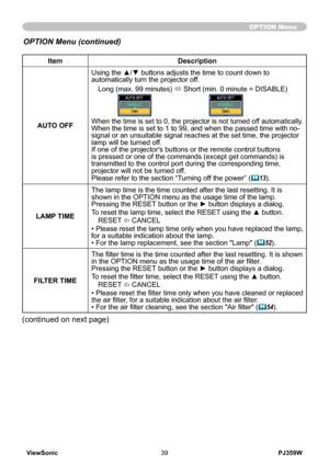 Page 44
ViewSonic39PJ359W

ItemDescription
AUTO OFF
Using the ▲/▼ buttons adjusts the time to count down to automatically turn the projector off.
Long (max. 99 minutes) ó Short (min. 0 minute = DISABLE)
When the time is set to 0, the projector is not turned off automatically.When the time is set to 1 to 99, and when the passed time with no-signal or an unsuitable signal reaches at the set time, the projector lamp will be turned off. If one of the projector's buttons or the remote control buttons is pressed...