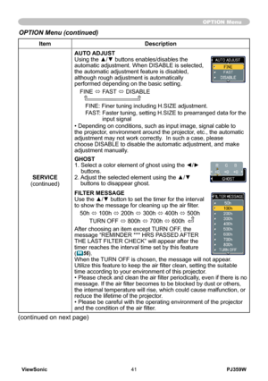 Page 46
ViewSonic41PJ359W

ItemDescription
SERVICE
(continued)
AUTO ADJUSTUsing the ▲/▼ buttons enables/disables the automatic adjustment. When DISABLE is selected, the automatic adjustment feature is disabled, although rough adjustment is automatically performed depending on the basic setting.
FINE ó FAST ó DISABLE      
FINE: Finer tuning including H.SIZE adjustment.
FAST:  Faster tuning, setting H.SIZE to prearranged data for the 
input signal
• Depending on conditions, such as input image, signal cable to...