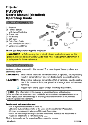 Page 6
ViewSonicPJ359W
Projector
PJ359W
User's Manual (detailed) 
Operating Guide
Contents of package
( ) Projector
(2) Remote control
      with two AA batteries
(3) Power cord
(4) RGB cable
(5) Soft case
(6) Quick Start Guide
      and ViewSonic Wizard CD
(7) Lens cover and Strap
Thank you for purchasing this projector.
WARNING  ►Before using this product, please read all manuals for this 
product. Be sure to read “Safety Guide” first. After reading them, store them in 
a safe place for future...