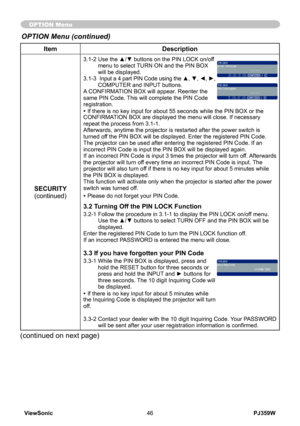 Page 51
PJ359WViewSonic46

ItemDescription
SECURITY(continued)
3.1-2  Use the ▲/▼ buttons on the PIN LOCK on/off menu to select TURN ON and the PIN BOX will be displayed. 
3.1-3    Input a 4 part PIN Code using the ▲, ▼, ◄, ►, 
COMPUTER and INPUT buttons.A CONFIRMATION BOX will appear. Reenter the same PIN Code. This will complete the PIN Code registration.• If there is no key input for about 55 seconds while the PIN BOX or the CONFIRMATION BOX are displayed the menu will close. If necessary repeat the process...