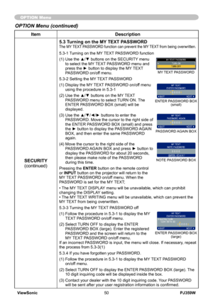 Page 55
PJ359WViewSonic50

OPTION Menu (continued)
OPTION Menu
ItemDescription
SECURITY(continued)
5.3 Turning on the MY TEXT PASSWORDThe MY TEXT PASSWORD function can prevent the MY TEXT from being overwritten.
5.3-1  
Turning on the MY TEXT PASSWORD function
(1)   Use the ▲/▼ buttons on the SECURITY menu 
to select the MY TEXT PASSWORD menu and press the ► button to display the MY TEXT PASSWORD on/off menu.
5.3-2   Setting the MY TEXT PASSWORD
(1)   Display the MY TEXT PASSWORD on/off menu 
using the...