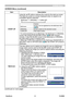 Page 40
ViewSonic35PJ359W

SCREEN Menu
ItemDescription
START UP
Using the ▲/▼ buttons switches the mode for the start-up screen.The start-up screen is a screen displayed when no signal or an unsuitable signal is detected.
MyScreen ó ORIGINAL ó TURN OFF    
Feature
MyScreenScreen can be registered by the MyScreen item (35).
ORIGINALScreen preset as the standard screen.
TURN OFFPlain black screen.
• To avoid remaining as an afterimage, the MyScreen or ORIGINAL screen will change to the BLANK screen (34) after...